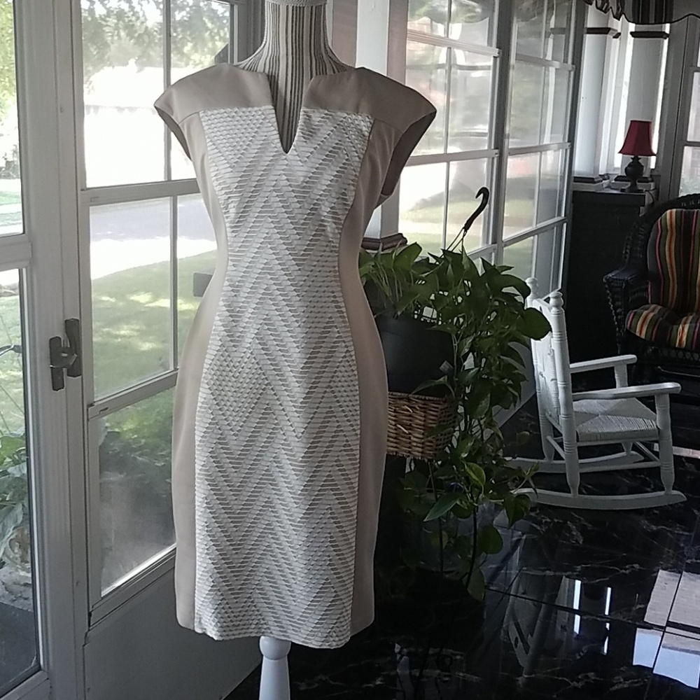 Tan & White shape flattering dress